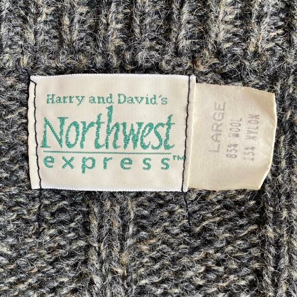 VTG Wool Chunky Knit Zip Cardigan Sweater Elbow Patches L Gray Fisherman Grandpa - Picture 8 of 9